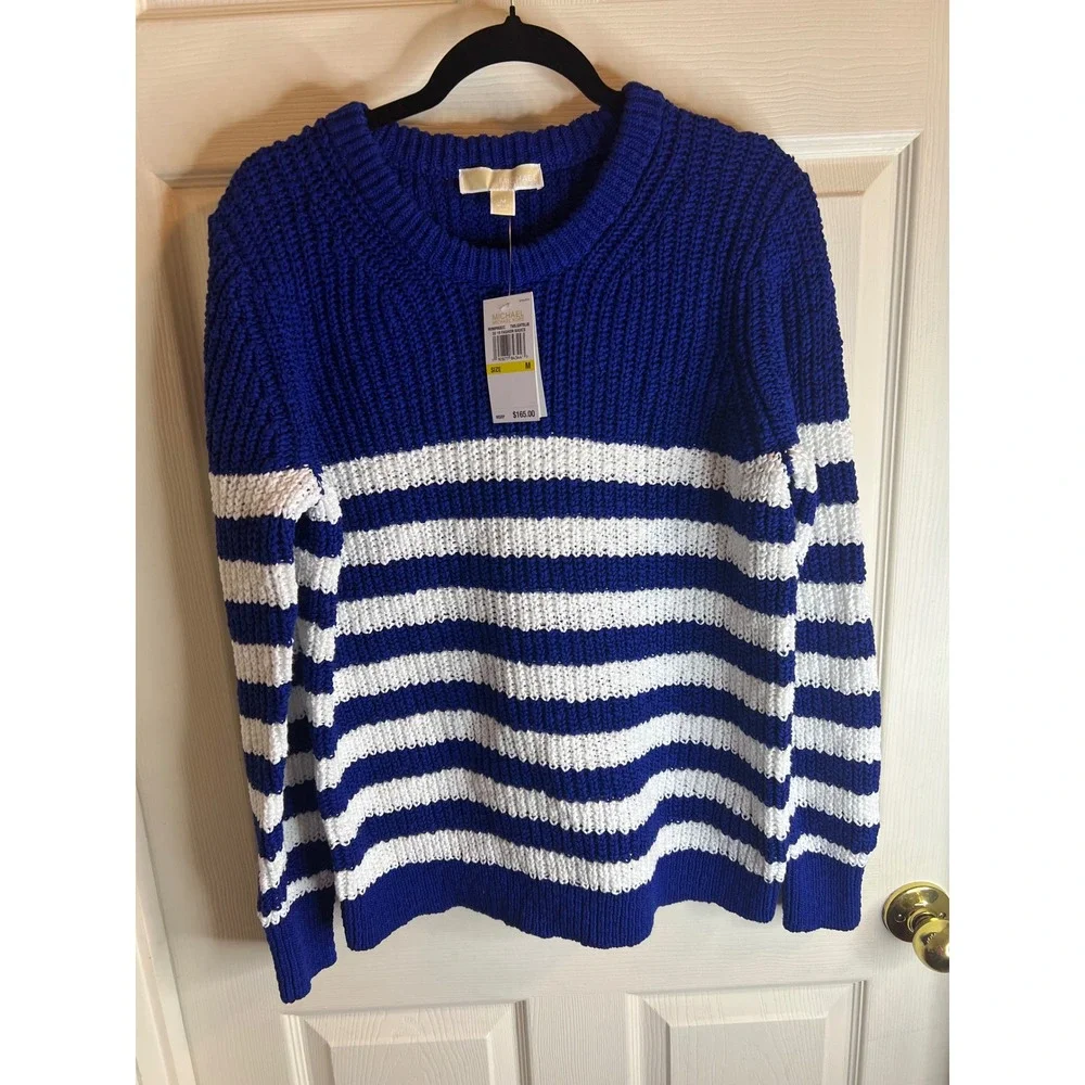 Michael Kors Blue White Striped Knit Crew Neck Sweater Size M‎ NWT